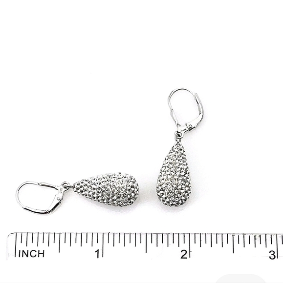 Vintage Silver Plated Crystal Pave Satin Teardrop Lever Wire Earrings - Picture 3 of 5